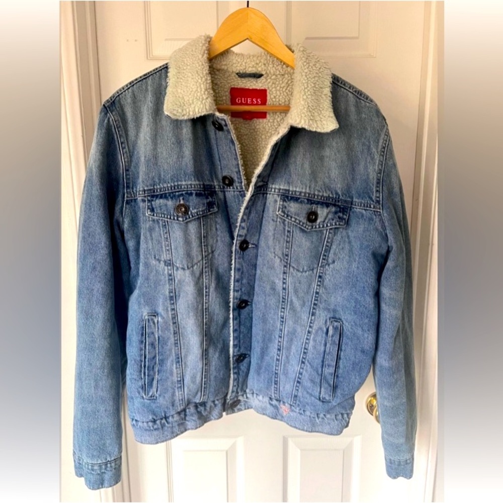 Guess  Blue Denim Sherpa Lined Button Down Jacket Mens Size Medium